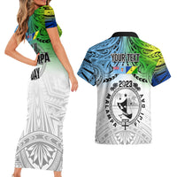 Personalised Malampa Fiji Day Couples Matching Short Sleeve Bodycon Dress and Hawaiian Shirt Gradient Style LT7 - Polynesian Pride