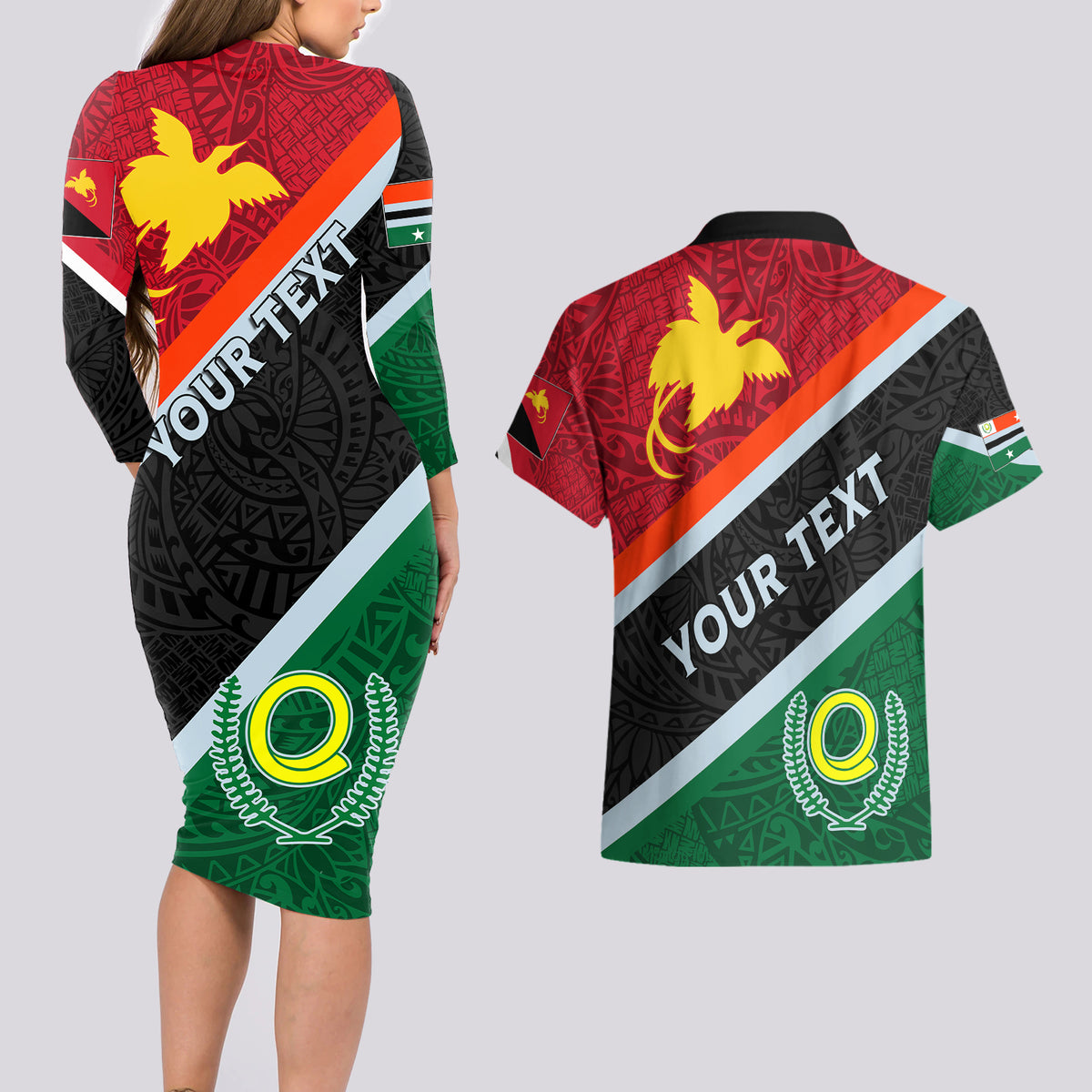 Personalised Penama and Papua New Guinea Day Couples Matching Long Sleeve Bodycon Dress and Hawaiian Shirt Emblem Mix Style LT7 - Polynesian Pride