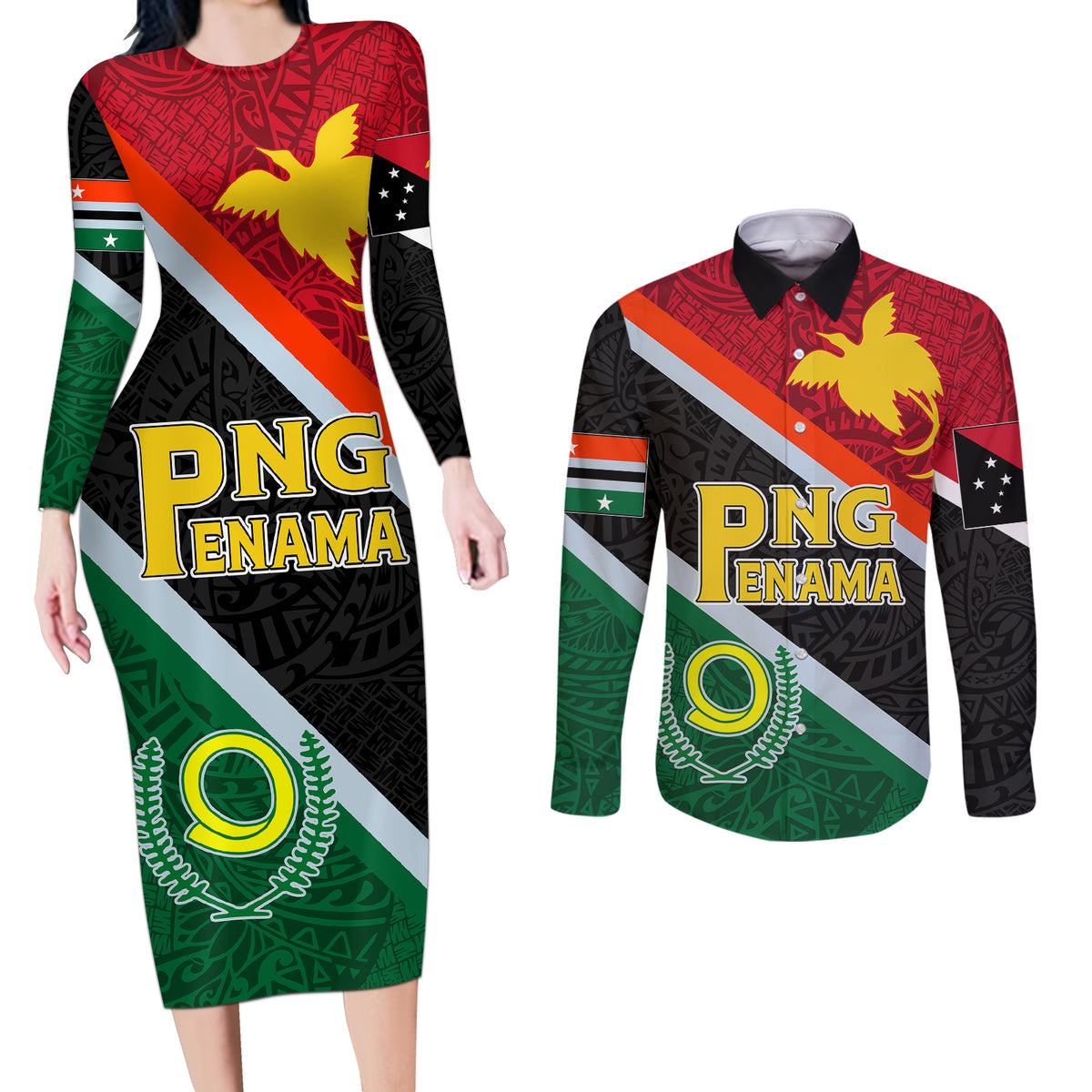 Personalised Penama and Papua New Guinea Day Couples Matching Long Sleeve Bodycon Dress and Long Sleeve Button Shirts Emblem Mix Style LT7 Colorful - Polynesian Pride