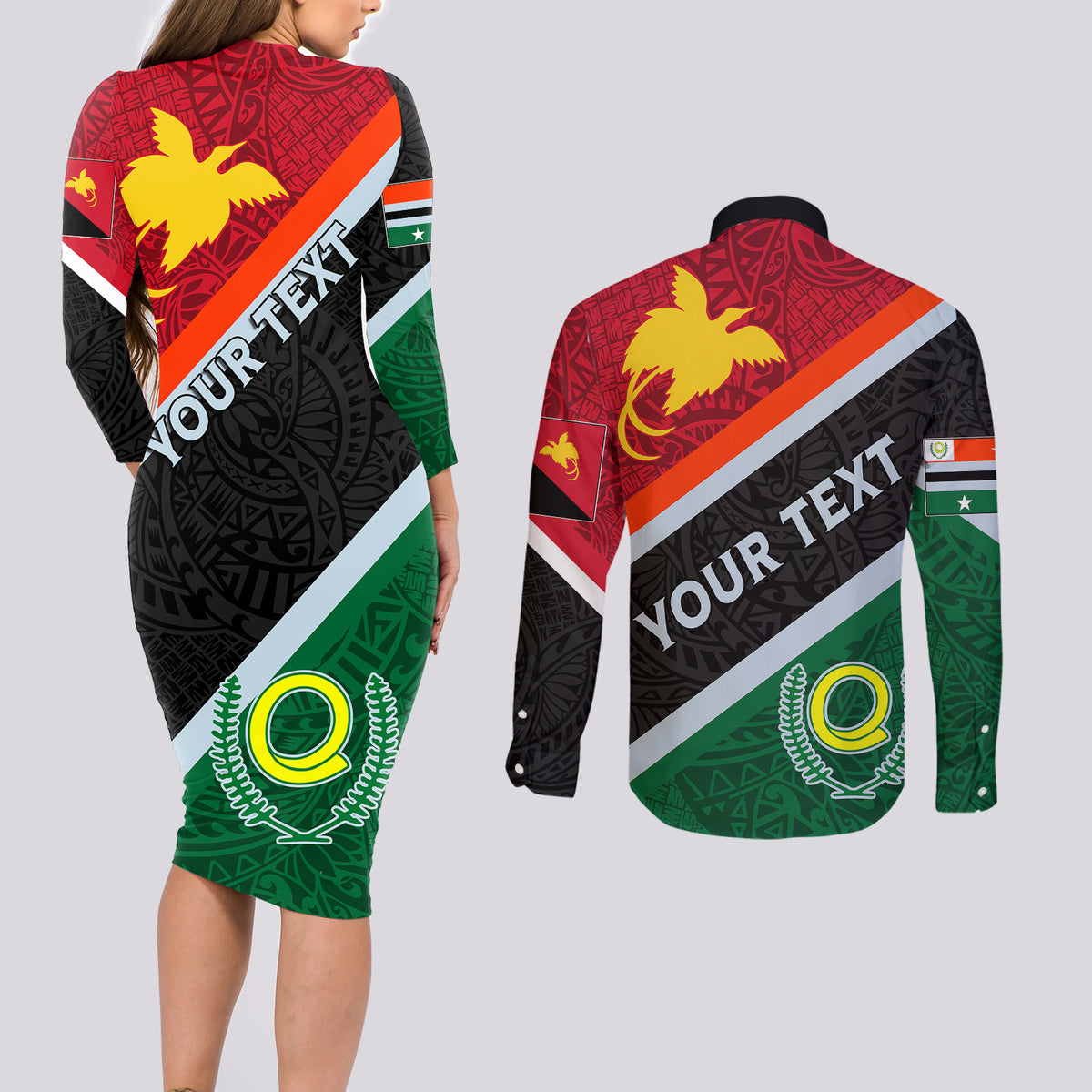 Personalised Penama and Papua New Guinea Day Couples Matching Long Sleeve Bodycon Dress and Long Sleeve Button Shirts Emblem Mix Style LT7 - Polynesian Pride