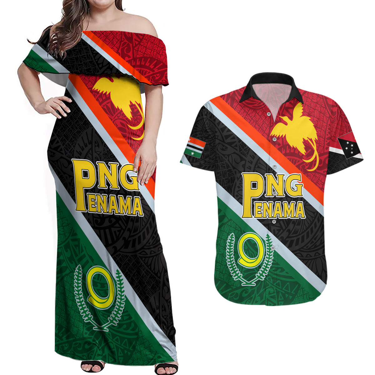Personalised Penama and Papua New Guinea Day Couples Matching Off Shoulder Maxi Dress and Hawaiian Shirt Emblem Mix Style LT7 Colorful - Polynesian Pride