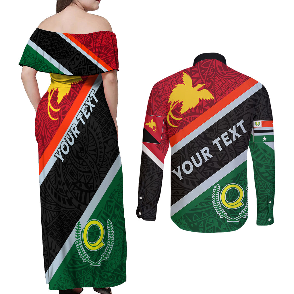 Personalised Penama and Papua New Guinea Day Couples Matching Off Shoulder Maxi Dress and Long Sleeve Button Shirts Emblem Mix Style LT7 - Polynesian Pride