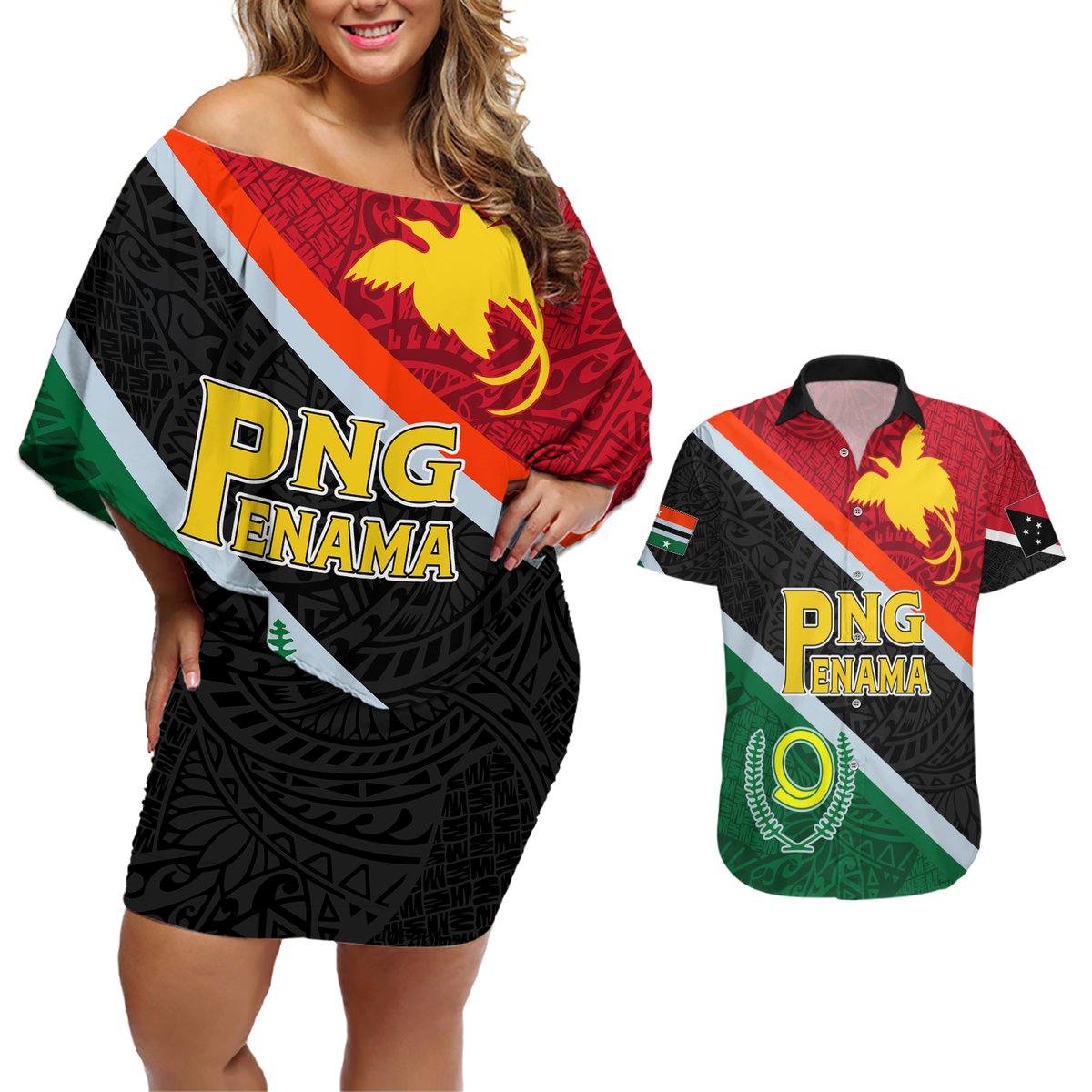 Personalised Penama and Papua New Guinea Day Couples Matching Off Shoulder Short Dress and Hawaiian Shirt Emblem Mix Style LT7 Colorful - Polynesian Pride