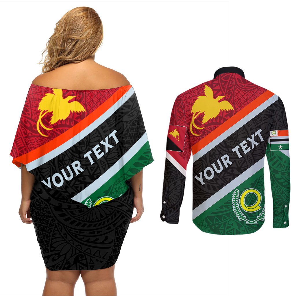 Personalised Penama and Papua New Guinea Day Couples Matching Off Shoulder Short Dress and Long Sleeve Button Shirts Emblem Mix Style LT7 - Polynesian Pride
