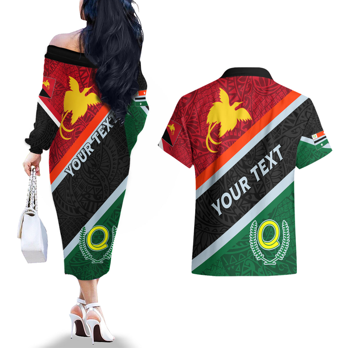 Personalised Penama and Papua New Guinea Day Couples Matching Off The Shoulder Long Sleeve Dress and Hawaiian Shirt Emblem Mix Style LT7 - Polynesian Pride