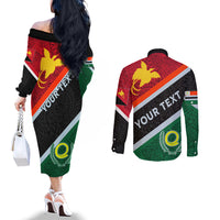 Personalised Penama and Papua New Guinea Day Couples Matching Off The Shoulder Long Sleeve Dress and Long Sleeve Button Shirts Emblem Mix Style LT7 - Polynesian Pride