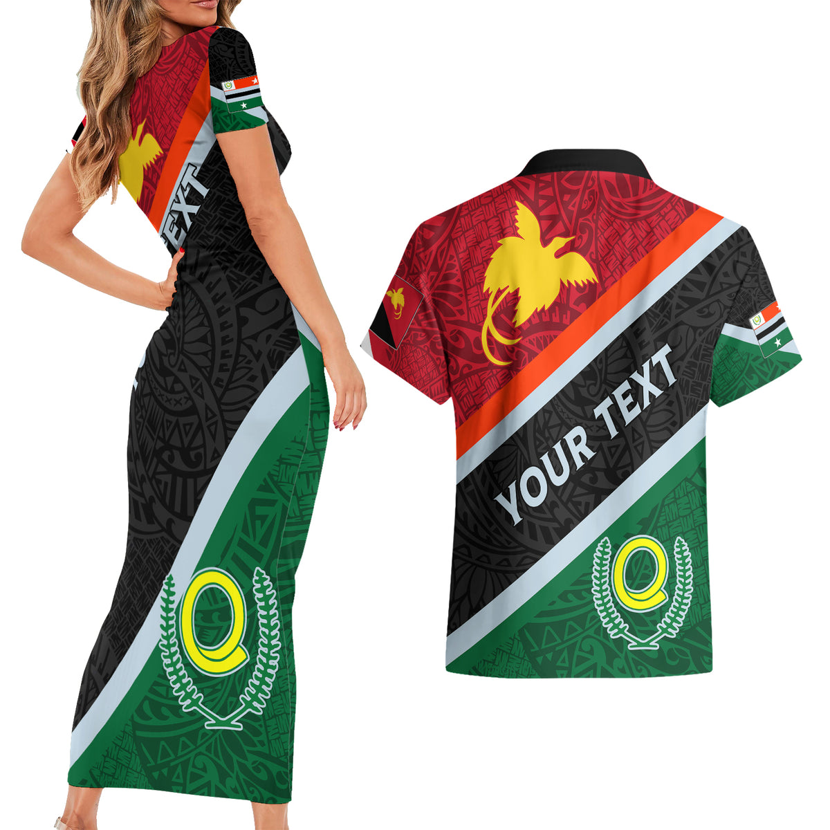 Personalised Penama and Papua New Guinea Day Couples Matching Short Sleeve Bodycon Dress and Hawaiian Shirt Emblem Mix Style LT7 - Polynesian Pride