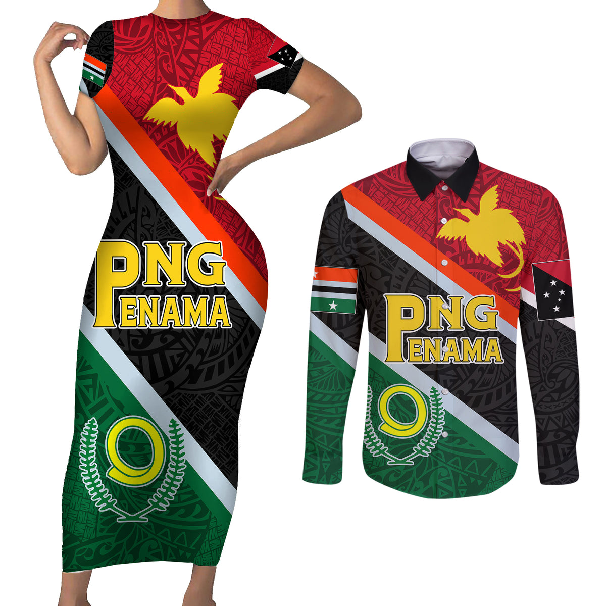 Personalised Penama and Papua New Guinea Day Couples Matching Short Sleeve Bodycon Dress and Long Sleeve Button Shirts Emblem Mix Style LT7 Colorful - Polynesian Pride
