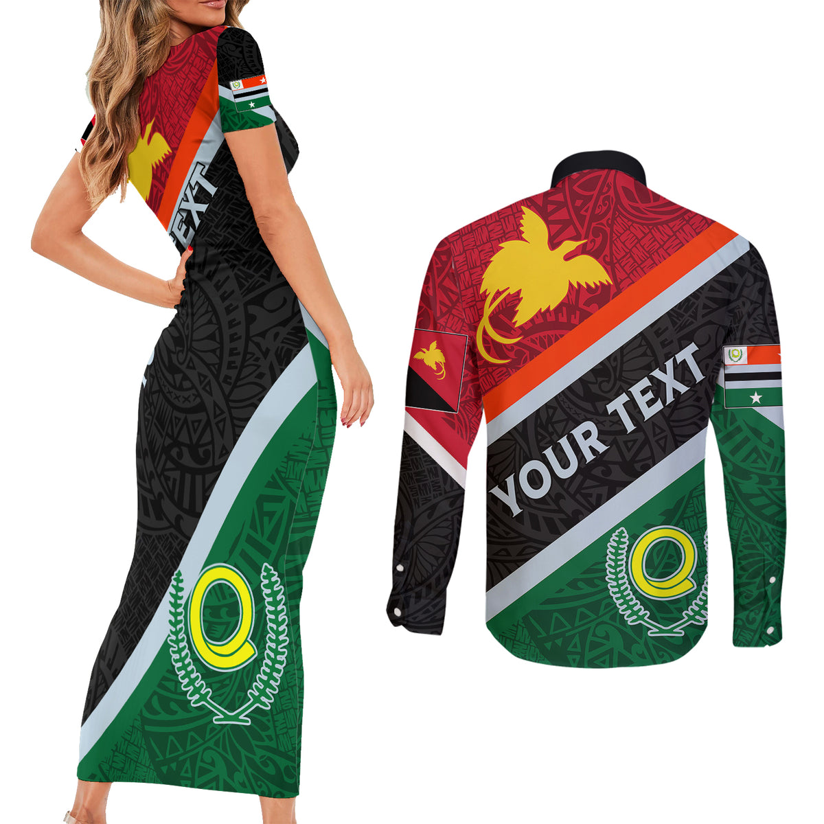 Personalised Penama and Papua New Guinea Day Couples Matching Short Sleeve Bodycon Dress and Long Sleeve Button Shirts Emblem Mix Style LT7 - Polynesian Pride