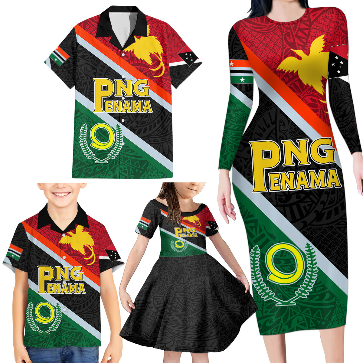 Personalised Penama and Papua New Guinea Day Family Matching Long Sleeve Bodycon Dress and Hawaiian Shirt Emblem Mix Style LT7 - Polynesian Pride