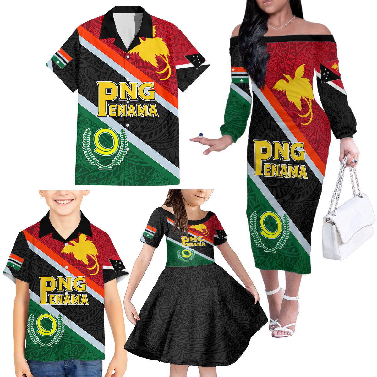 Personalised Penama and Papua New Guinea Day Family Matching Off Shoulder Long Sleeve Dress and Hawaiian Shirt Emblem Mix Style LT7 - Polynesian Pride