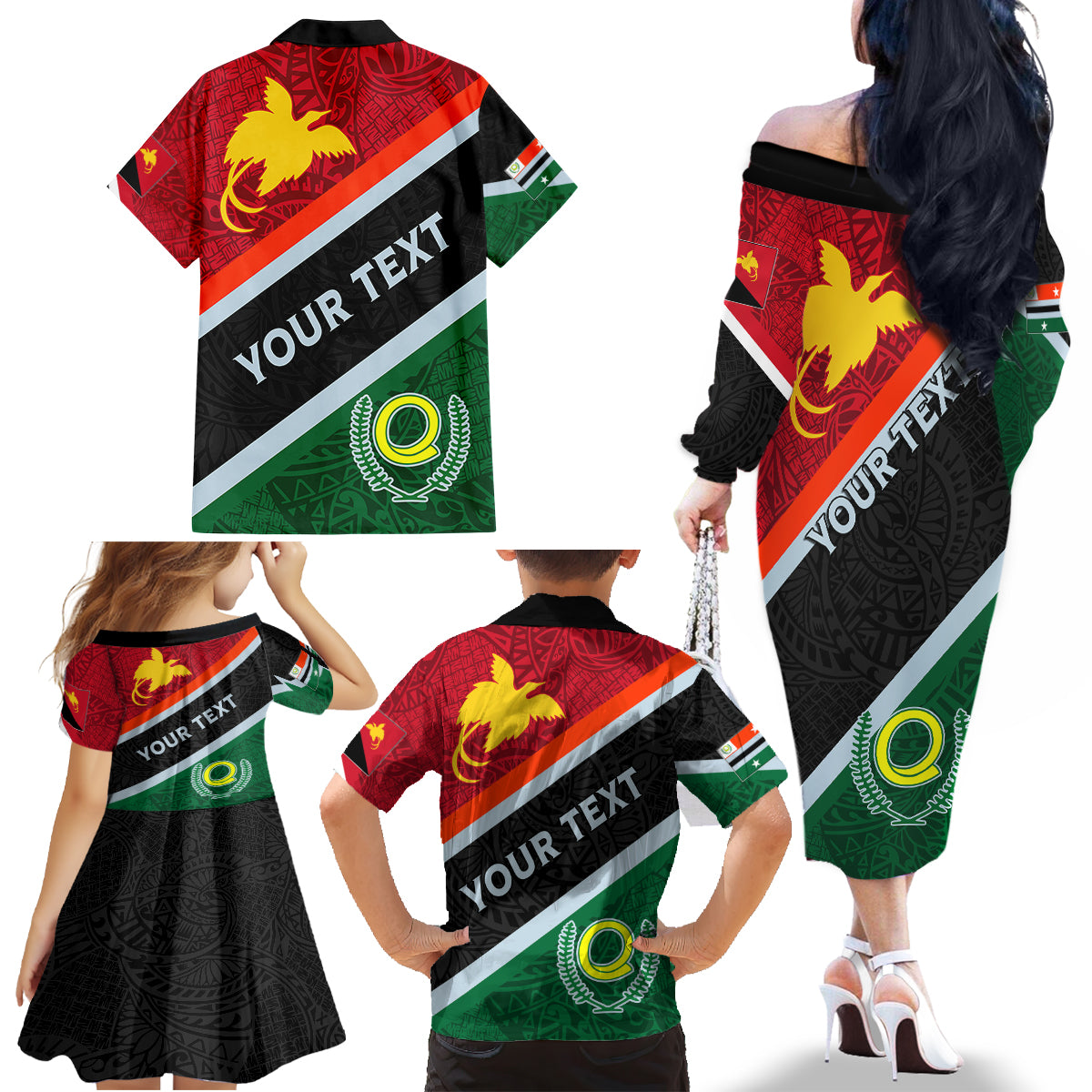 Personalised Penama and Papua New Guinea Day Family Matching Off Shoulder Long Sleeve Dress and Hawaiian Shirt Emblem Mix Style LT7 - Polynesian Pride