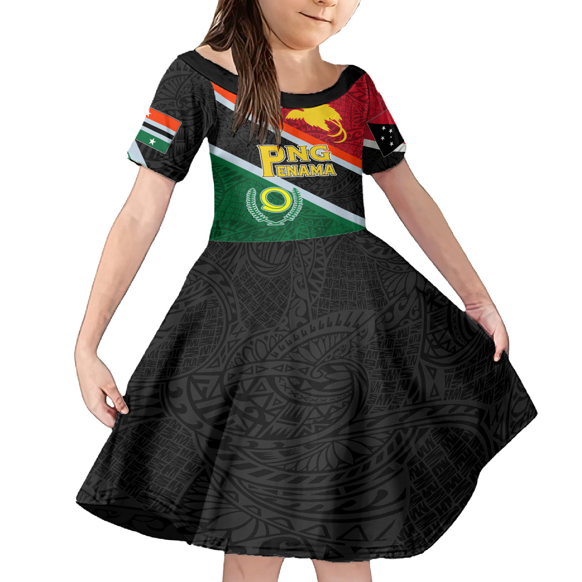 Personalised Penama and Papua New Guinea Day Family Matching Off Shoulder Maxi Dress and Hawaiian Shirt Emblem Mix Style LT7 Daughter's Dress Colorful - Polynesian Pride