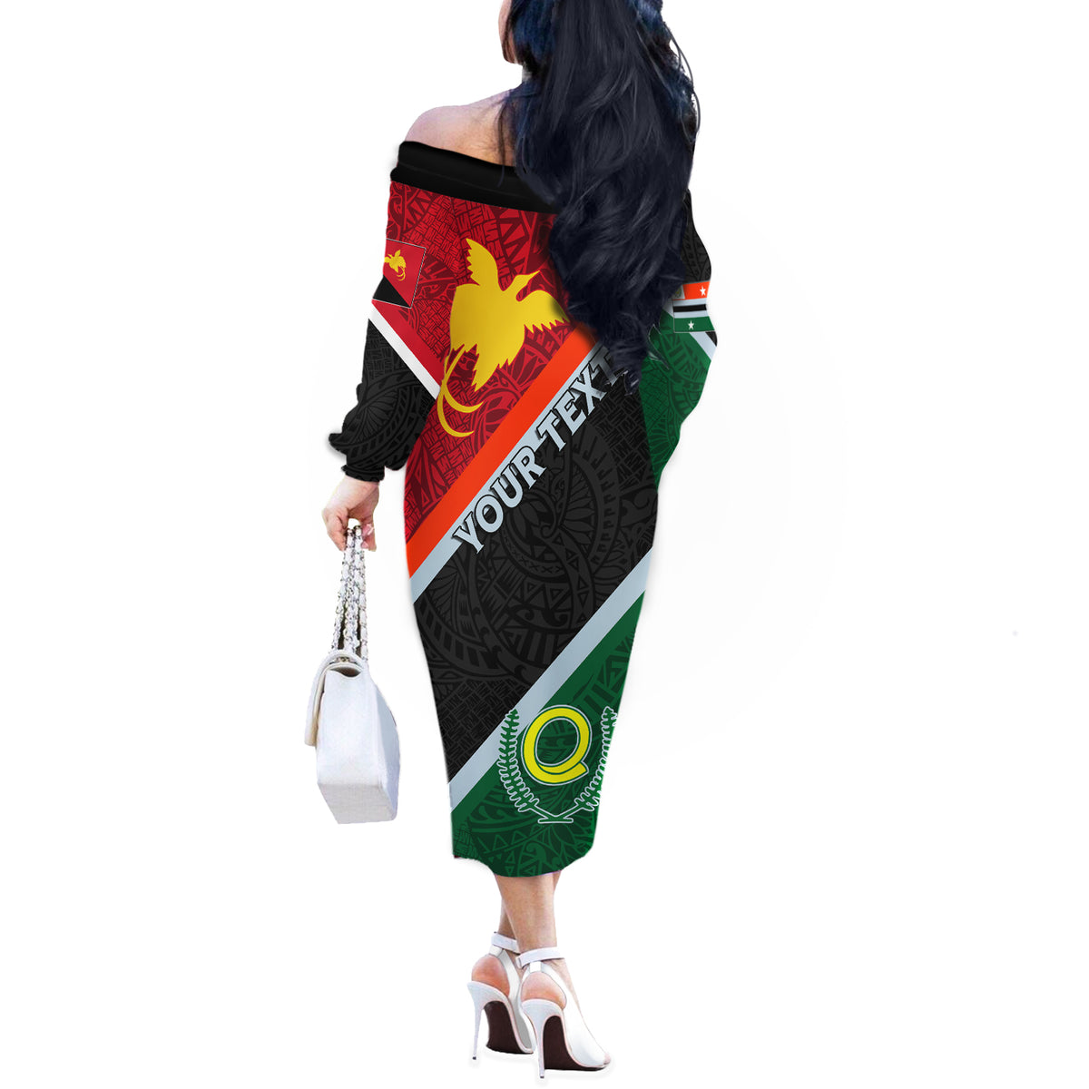 Personalised Penama and Papua New Guinea Day Off The Shoulder Long Sleeve Dress Emblem Mix Style LT7 - Polynesian Pride