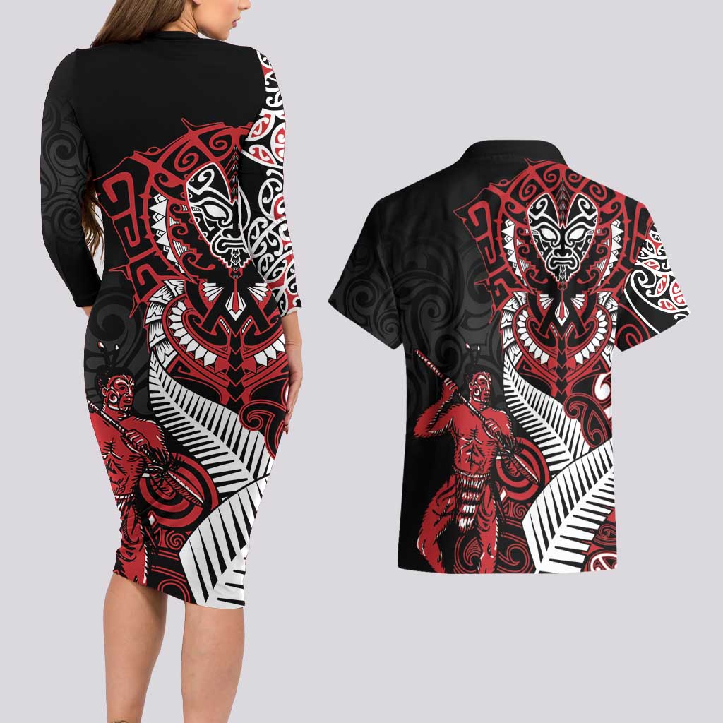 Aotearoa Toitu Te Tiriti Couples Matching Long Sleeve Bodycon Dress and Hawaiian Shirt Whakairo Wheku LT7 - Polynesian Pride