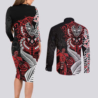 Aotearoa Toitu Te Tiriti Couples Matching Long Sleeve Bodycon Dress and Long Sleeve Button Shirt Whakairo Wheku LT7 - Polynesian Pride