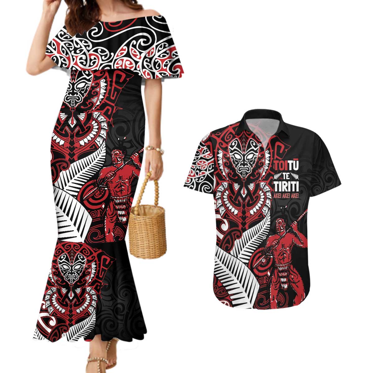 Aotearoa Toitu Te Tiriti Couples Matching Mermaid Dress and Hawaiian Shirt Whakairo Wheku LT7 Black - Polynesian Pride