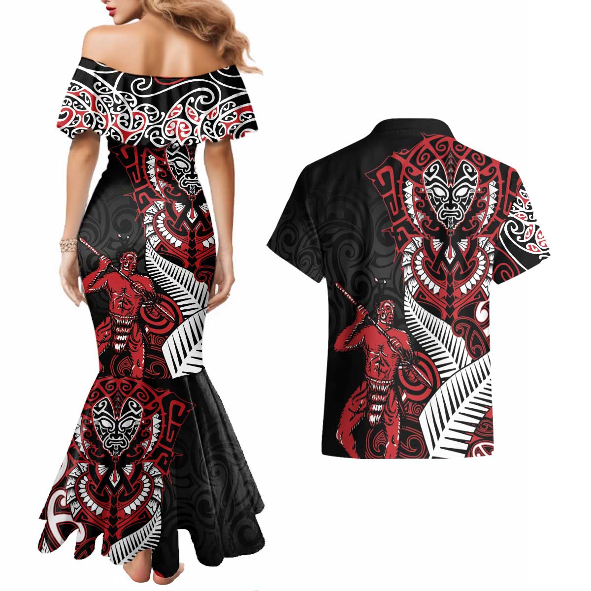 Aotearoa Toitu Te Tiriti Couples Matching Mermaid Dress and Hawaiian Shirt Whakairo Wheku LT7 - Polynesian Pride