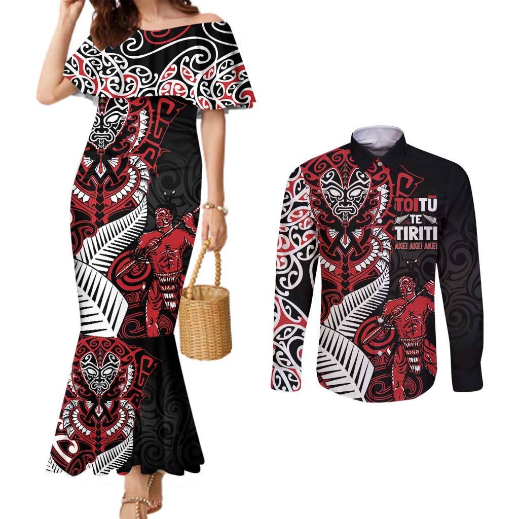 Aotearoa Toitu Te Tiriti Couples Matching Mermaid Dress and Long Sleeve Button Shirt Whakairo Wheku LT7 Black - Polynesian Pride