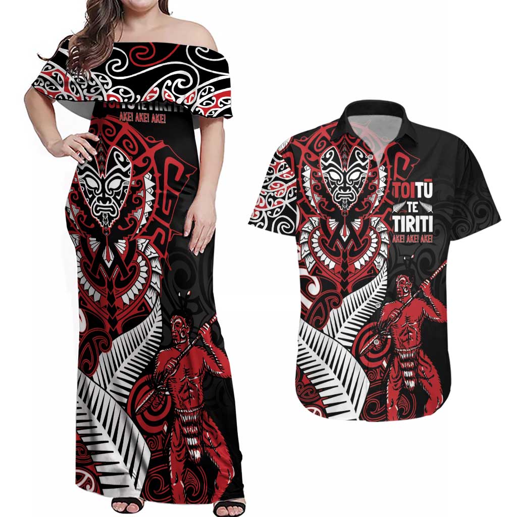 Aotearoa Toitu Te Tiriti Couples Matching Off Shoulder Maxi Dress and Hawaiian Shirt Whakairo Wheku LT7 Black - Polynesian Pride