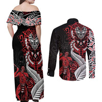Aotearoa Toitu Te Tiriti Couples Matching Off Shoulder Maxi Dress and Long Sleeve Button Shirt Whakairo Wheku LT7 - Polynesian Pride