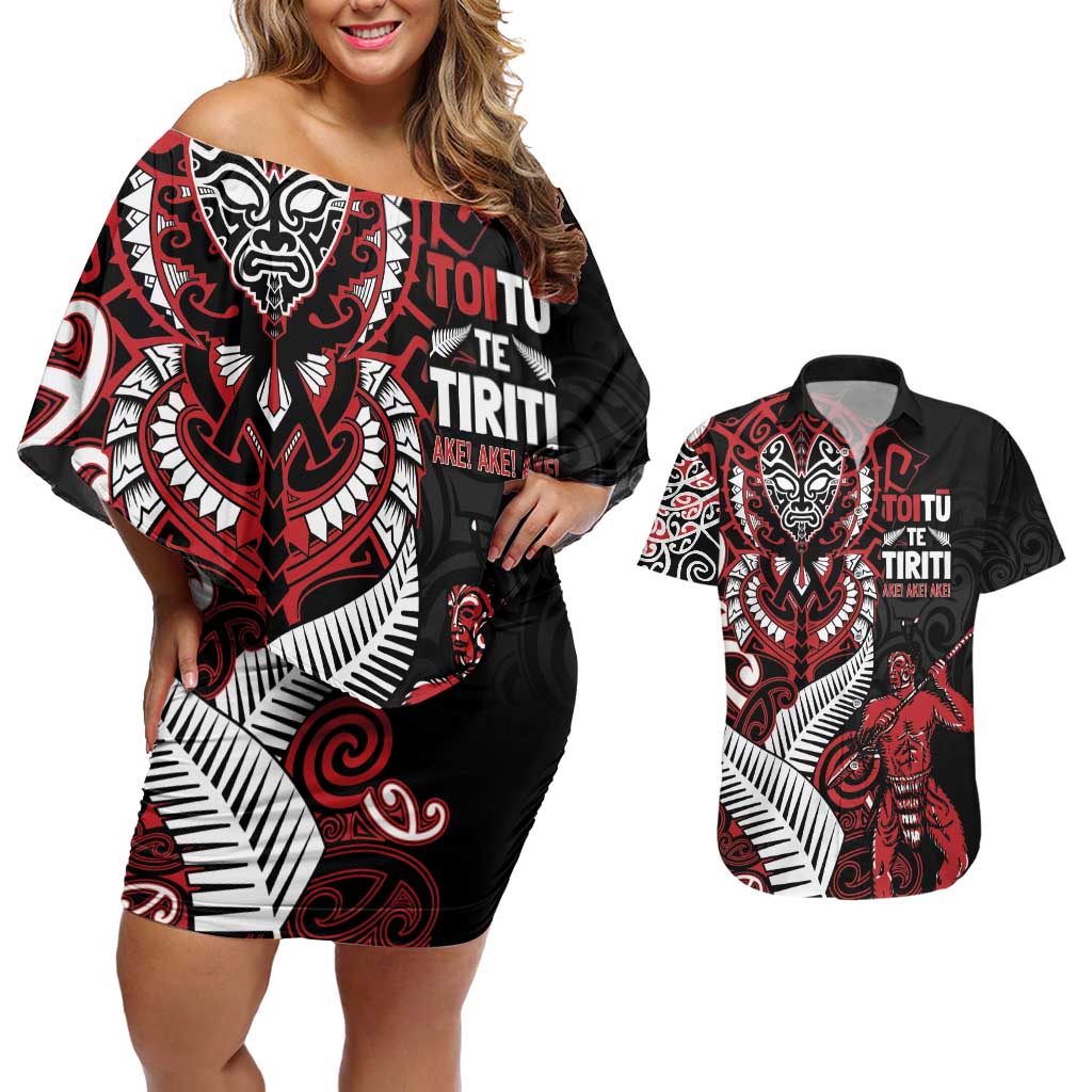 Aotearoa Toitu Te Tiriti Couples Matching Off Shoulder Short Dress and Hawaiian Shirt Whakairo Wheku LT7 Black - Polynesian Pride