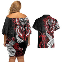 Aotearoa Toitu Te Tiriti Couples Matching Off Shoulder Short Dress and Hawaiian Shirt Whakairo Wheku LT7 - Polynesian Pride