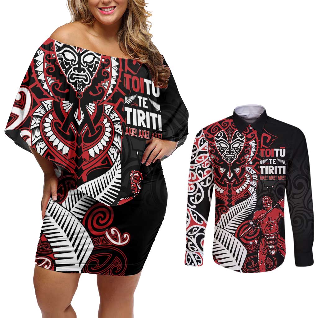 Aotearoa Toitu Te Tiriti Couples Matching Off Shoulder Short Dress and Long Sleeve Button Shirt Whakairo Wheku LT7 Black - Polynesian Pride