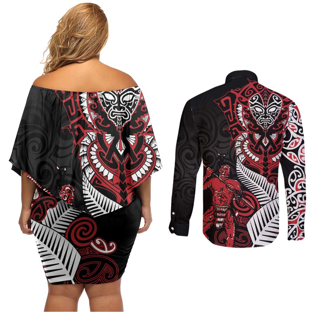 Aotearoa Toitu Te Tiriti Couples Matching Off Shoulder Short Dress and Long Sleeve Button Shirt Whakairo Wheku LT7 - Polynesian Pride