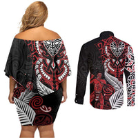 Aotearoa Toitu Te Tiriti Couples Matching Off Shoulder Short Dress and Long Sleeve Button Shirt Whakairo Wheku LT7 - Polynesian Pride