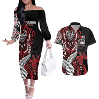Aotearoa Toitu Te Tiriti Couples Matching Off The Shoulder Long Sleeve Dress and Hawaiian Shirt Whakairo Wheku LT7 Black - Polynesian Pride