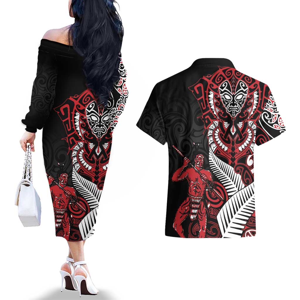 Aotearoa Toitu Te Tiriti Couples Matching Off The Shoulder Long Sleeve Dress and Hawaiian Shirt Whakairo Wheku LT7 - Polynesian Pride