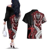 Aotearoa Toitu Te Tiriti Couples Matching Off The Shoulder Long Sleeve Dress and Hawaiian Shirt Whakairo Wheku LT7 - Polynesian Pride