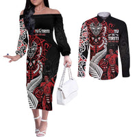Aotearoa Toitu Te Tiriti Couples Matching Off The Shoulder Long Sleeve Dress and Long Sleeve Button Shirt Whakairo Wheku LT7 Black - Polynesian Pride