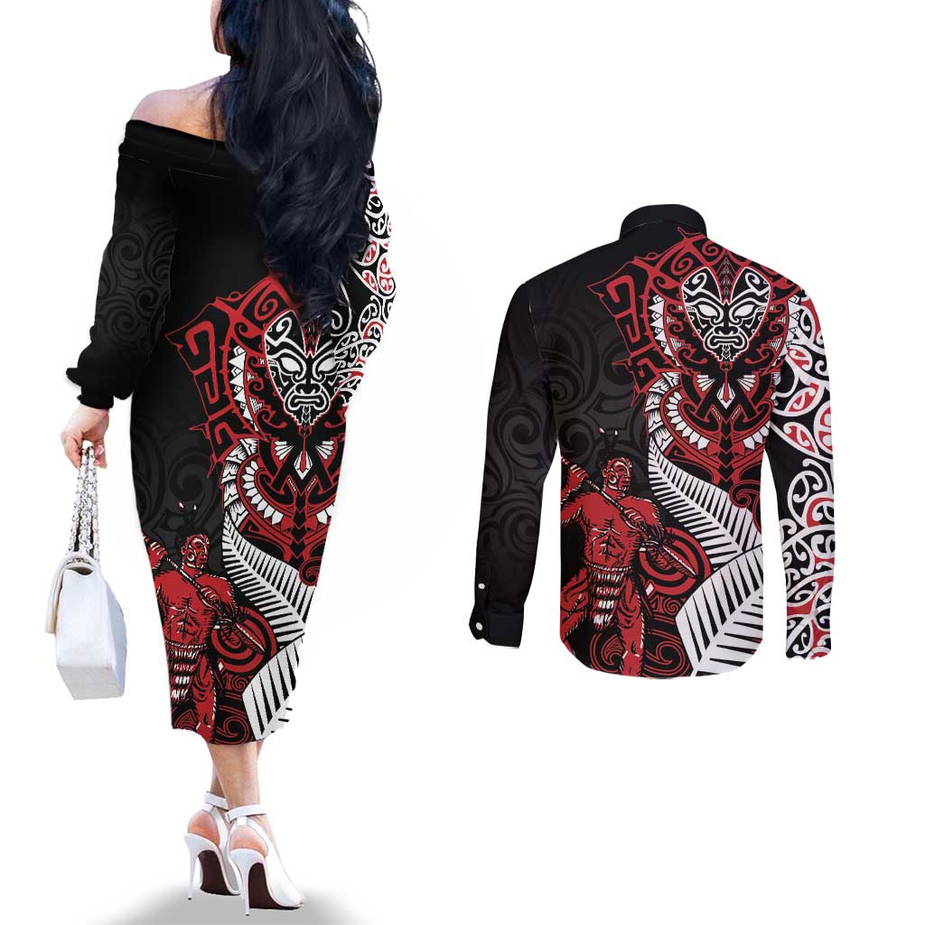 Aotearoa Toitu Te Tiriti Couples Matching Off The Shoulder Long Sleeve Dress and Long Sleeve Button Shirt Whakairo Wheku LT7 - Polynesian Pride