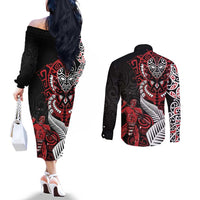 Aotearoa Toitu Te Tiriti Couples Matching Off The Shoulder Long Sleeve Dress and Long Sleeve Button Shirt Whakairo Wheku LT7 - Polynesian Pride