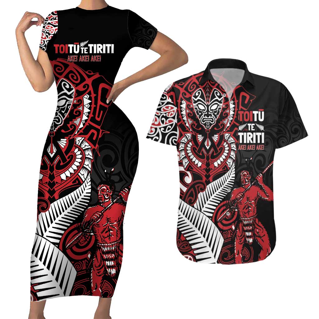 Aotearoa Toitu Te Tiriti Couples Matching Short Sleeve Bodycon Dress and Hawaiian Shirt Whakairo Wheku LT7 Black - Polynesian Pride