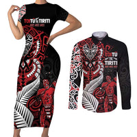 Aotearoa Toitu Te Tiriti Couples Matching Short Sleeve Bodycon Dress and Long Sleeve Button Shirt Whakairo Wheku LT7 Black - Polynesian Pride