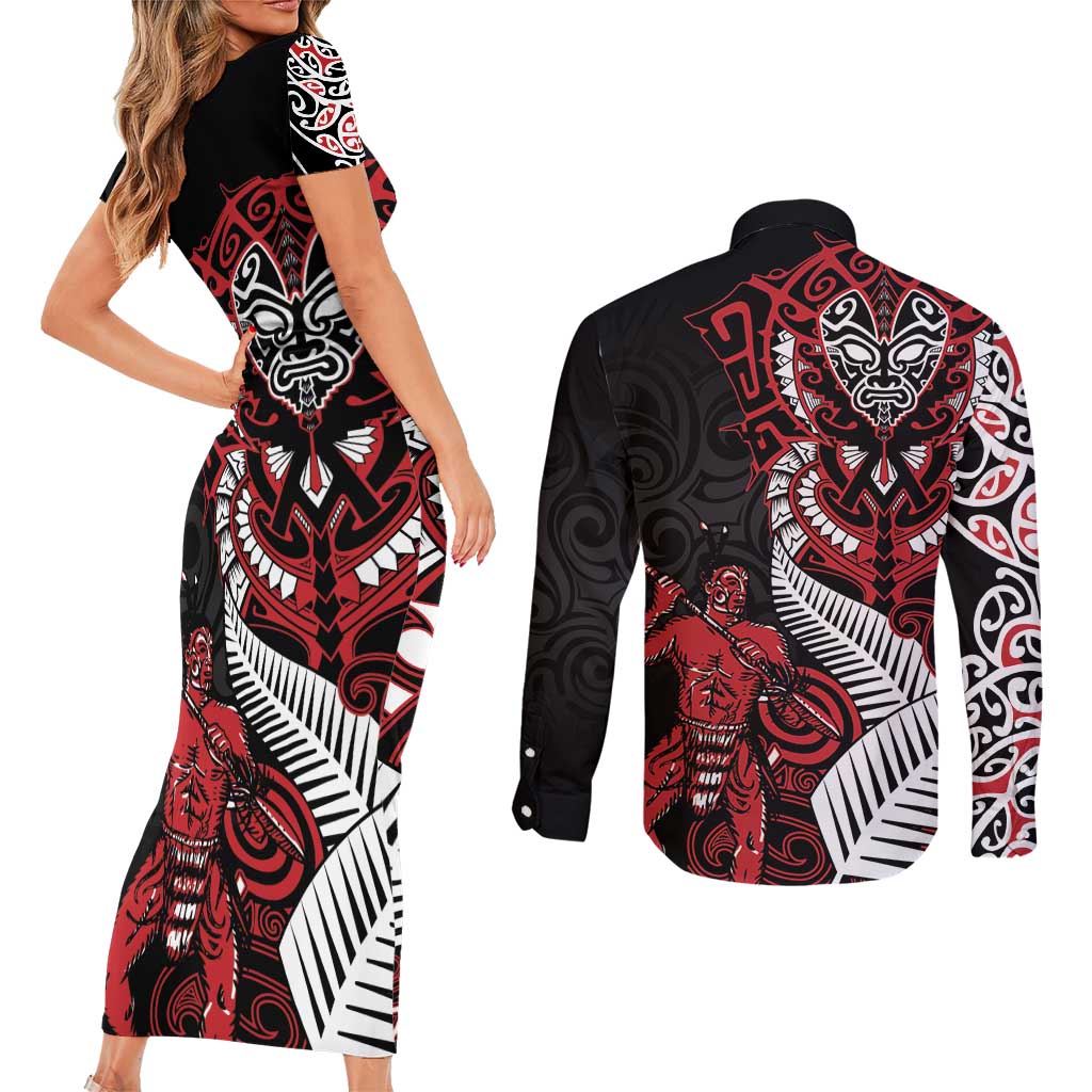Aotearoa Toitu Te Tiriti Couples Matching Short Sleeve Bodycon Dress and Long Sleeve Button Shirt Whakairo Wheku LT7 - Polynesian Pride
