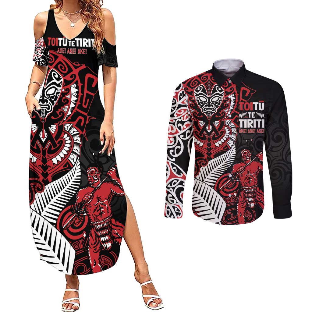 Aotearoa Toitu Te Tiriti Couples Matching Summer Maxi Dress and Long Sleeve Button Shirt Whakairo Wheku LT7 Black - Polynesian Pride