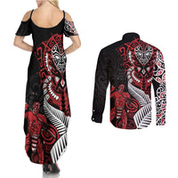Aotearoa Toitu Te Tiriti Couples Matching Summer Maxi Dress and Long Sleeve Button Shirt Whakairo Wheku LT7 - Polynesian Pride