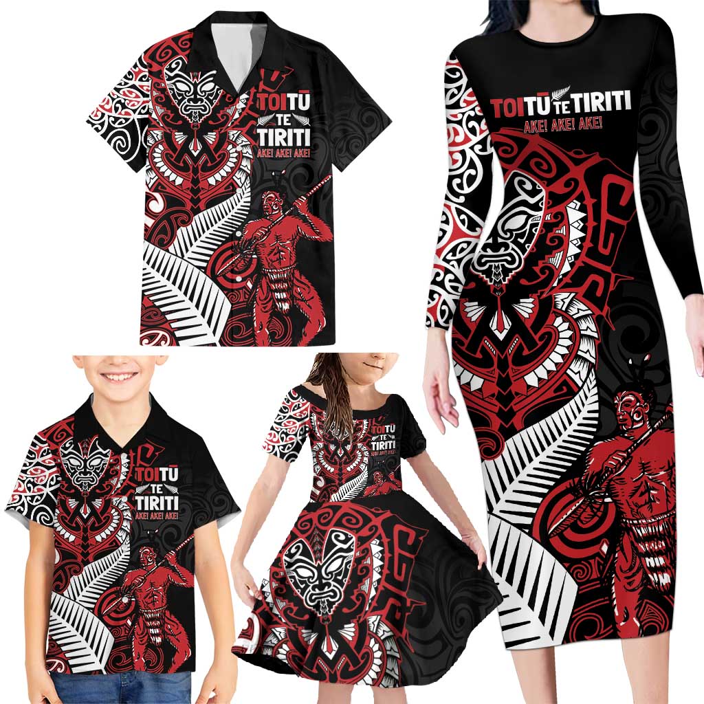 Aotearoa Toitu Te Tiriti Family Matching Long Sleeve Bodycon Dress and Hawaiian Shirt Whakairo Wheku LT7 - Polynesian Pride