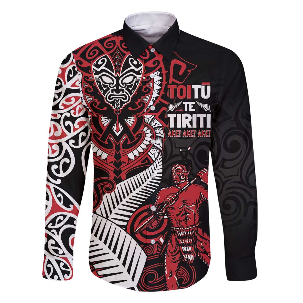 Aotearoa Toitu Te Tiriti Family Matching Long Sleeve Bodycon Dress and Hawaiian Shirt Whakairo Wheku LT7 Dad's Shirt - Long Sleeve Black - Polynesian Pride