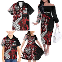 Aotearoa Toitu Te Tiriti Family Matching Off The Shoulder Long Sleeve Dress and Hawaiian Shirt Whakairo Wheku LT7 - Polynesian Pride