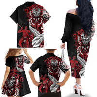 Aotearoa Toitu Te Tiriti Family Matching Off The Shoulder Long Sleeve Dress and Hawaiian Shirt Whakairo Wheku LT7 - Polynesian Pride