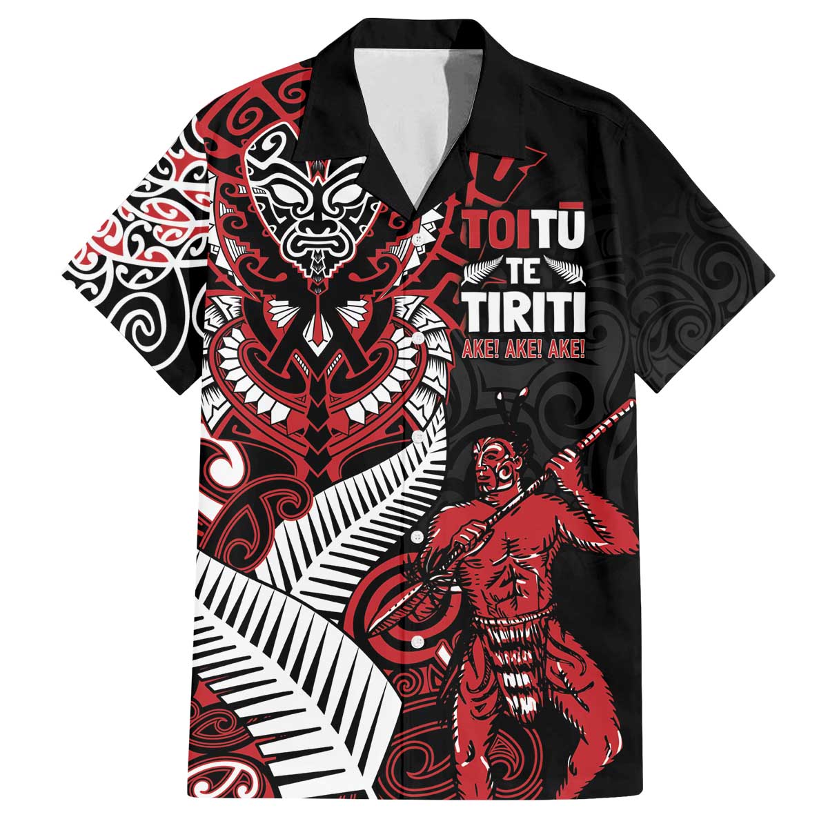 Aotearoa Toitu Te Tiriti Family Matching Off The Shoulder Long Sleeve Dress and Hawaiian Shirt Whakairo Wheku LT7 Dad's Shirt - Short Sleeve Black - Polynesian Pride