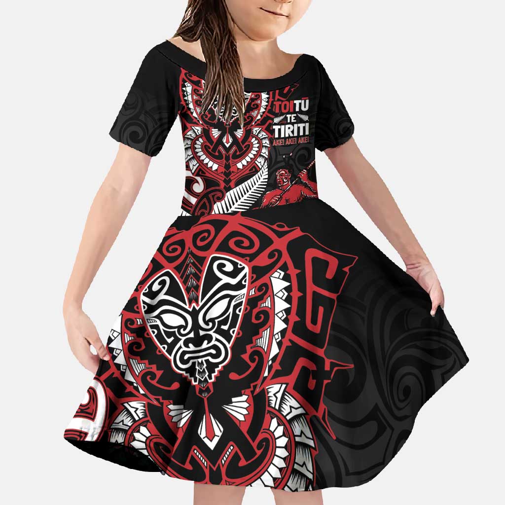 Aotearoa Toitu Te Tiriti Family Matching Off Shoulder Maxi Dress and Hawaiian Shirt Whakairo Wheku LT7 Daughter's Dress Black - Polynesian Pride