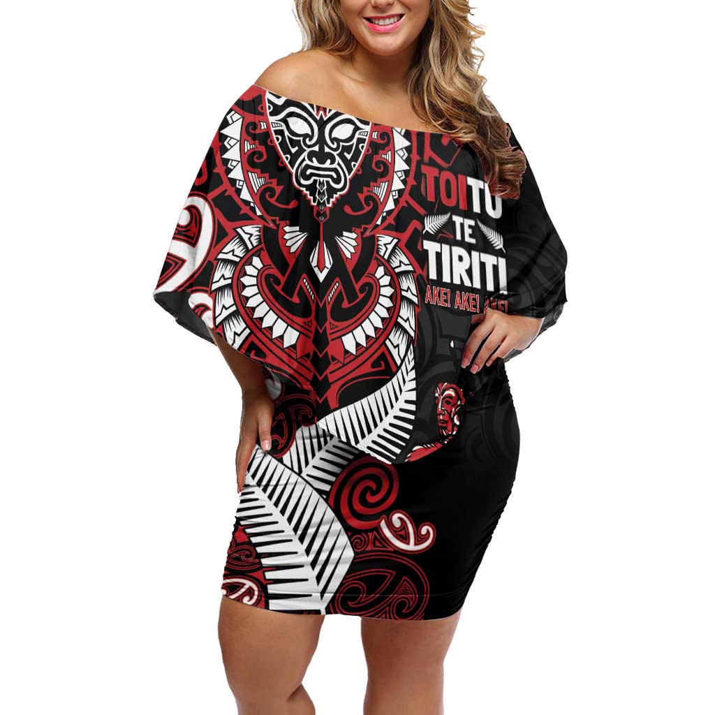 Aotearoa Toitu Te Tiriti Family Matching Off Shoulder Short Dress and Hawaiian Shirt Whakairo Wheku LT7 Mom's Dress Black - Polynesian Pride