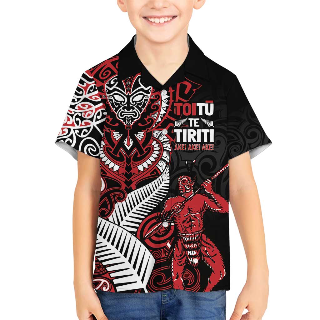 Aotearoa Toitu Te Tiriti Family Matching Off Shoulder Short Dress and Hawaiian Shirt Whakairo Wheku LT7 Son's Shirt Black - Polynesian Pride