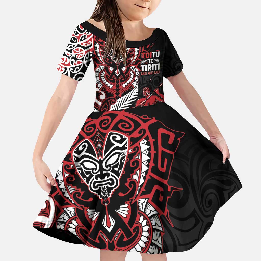Aotearoa Toitu Te Tiriti Family Matching Short Sleeve Bodycon Dress and Hawaiian Shirt Whakairo Wheku LT7 Daughter's Dress Black - Polynesian Pride